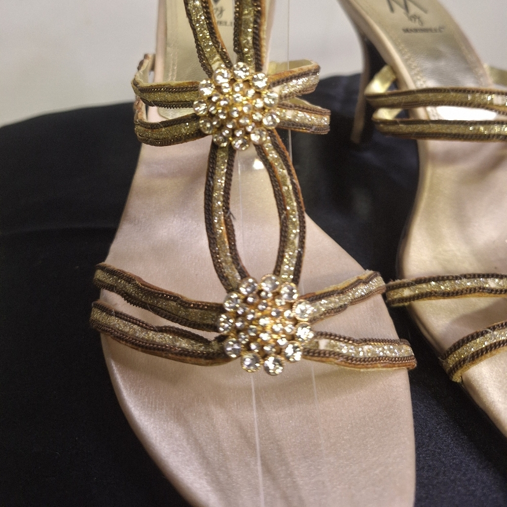 M By Marinelli Gold Strappy 3" Heels with Rhinestone Detail Size 8.5m
